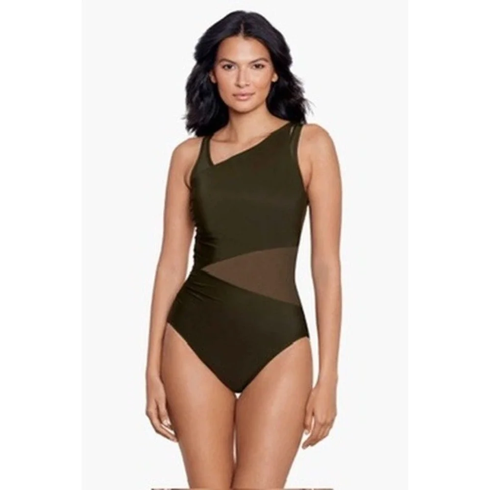 Miraclesuit Womens AZURA One Shoulder Mesh One Piece Swimsuit Nori Sz 16 $172